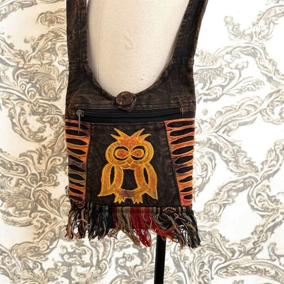 Boho Tie Dye Owl Fringe Embroidery Bird Purse Crossbody Bag Sling - Picture 2 of 7